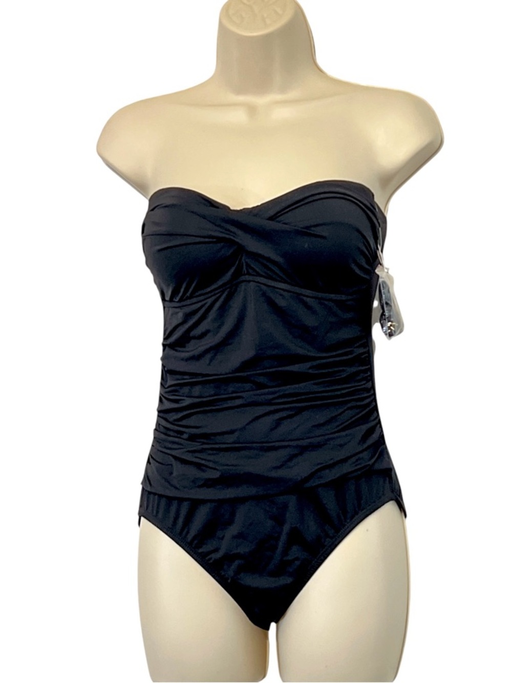 Liz Claiborne Twist-Front Shirred One-Piece Swimsuit Bandeau- Style, Black, Sz 6